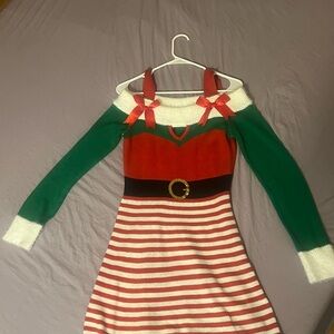 Festive Off-Shoulder Dress with Red and Green Stripes